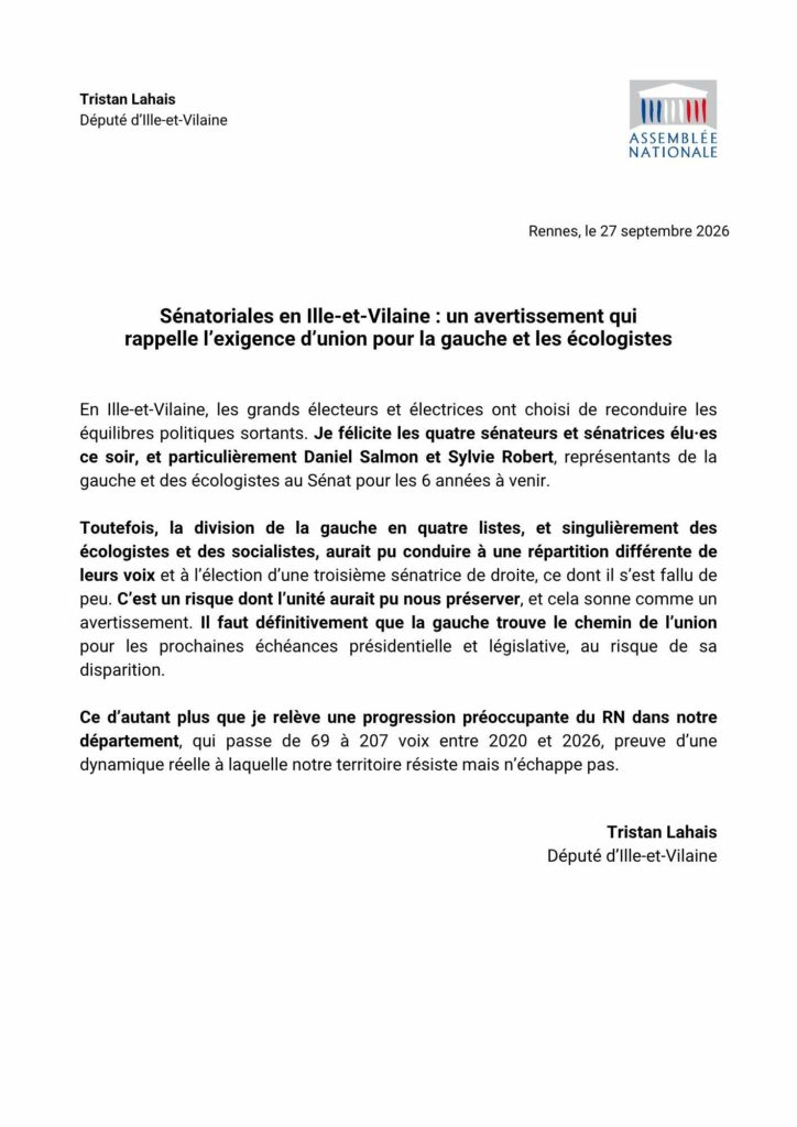 Communiqué 𝗦𝗲́𝗻𝗮𝘁𝗼𝗿𝗶𝗮𝗹𝗲𝘀 𝗲𝗻 𝗜𝗹𝗹𝗲-𝗲𝘁-𝗩𝗶𝗹𝗮𝗶𝗻𝗲 : 𝘂𝗻 𝗮𝘃𝗲𝗿𝘁𝗶𝘀𝘀𝗲𝗺𝗲𝗻𝘁 𝗾𝘂𝗶 𝗿𝗮𝗽𝗽𝗲𝗹𝗹𝗲 𝗹’𝗲𝘅𝗶𝗴𝗲𝗻𝗰𝗲 𝗱’𝘂𝗻𝗶𝗼𝗻 𝗽𝗼𝘂𝗿 𝗹𝗮 𝗴𝗮𝘂𝗰𝗵𝗲 𝗲𝘁 𝗹𝗲𝘀 𝗲́𝗰𝗼𝗹𝗼𝗴𝗶𝘀𝘁𝗲𝘀